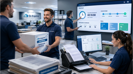 Funcionários em uma sala de serviços do produto Serviço Express